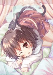 Rule 34 | 1girl, animal ears, blush, brown eyes, brown hair, chen, dress, ging1993, highres, looking at viewer, lying, multiple tails, red dress, short hair, skirt, solo, tail, touhou