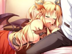 Rule 34 | 1girl, blonde hair, blush, breasts, censored, erect!, closed eyes, game cg, long hair, nipples, penis, piromizu, pointy ears, solo, tail, tiana jill lilithtia, wings