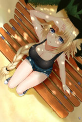 Rule 34 | 1girl, alternate costume, arm over head, armpits, bench, blonde hair, blue eyes, blush, braid, breasts, cleavage, dappled sunlight, day, denim, denim shorts, fate/apocrypha, fate/grand order, fate (series), feng mouren, fingernails, from above, highres, jeanne d&#039;arc (fate), jeanne d&#039;arc (ruler) (fate), large breasts, legs, long braid, long fingernails, long hair, looking at viewer, looking up, outdoors, park bench, shoes, shorts, single braid, sitting, sneakers, solo, sunlight, tank top, thighs, very long hair
