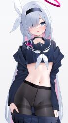 Rule 34 | 1girl, absurdres, blue archive, highres, long hair, long sleeves, looking at viewer, multicolored hair, nails, navel, pantyhose, pink hair, plana (blue archive), simple background, solo, white hair, z.taiga