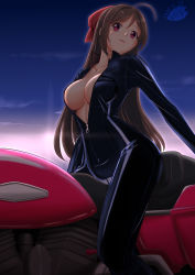 Rule 34 | 1girl, ahoge, alternate costume, artist logo, biker clothes, bikesuit, bodysuit, breasts, brown hair, cleavage, collarbone, dated, hair ribbon, kantai collection, large breasts, long hair, looking at viewer, mamiya (kancolle), moke ro, motor vehicle, motorcycle, no bra, on motorcycle, red eyes, red ribbon, ribbon, skin tight, solo, unzipped