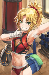 Rule 34 | 1girl, armpits, bandages, bare arms, bare shoulders, blonde hair, boxing gloves, braid, breasts, cleavage, cleavage cutout, clothing cutout, commentary request, cowboy shot, dumbbell, fate/apocrypha, fate/grand order, fate (series), green eyes, grin, hair ornament, hair scrunchie, indoors, long hair, looking at viewer, mordred (fate), mordred (fate/apocrypha), navel, ponytail, red scrunchie, scrunchie, small breasts, smile, solo, tonee