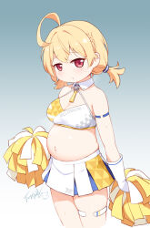 Rule 34 | 1girl, ?, ahoge, armlet, blonde hair, blue archive, blue background, blue skirt, blush, braid, breasts, character name, cheerleader, cleavage, collarbone, commentary request, cowboy shot, cropped legs, gloves, gradient background, hair between eyes, head tilt, highres, holding, kotori (blue archive), kotori (cheer squad) (blue archive), langbazi, long hair, looking at viewer, medium breasts, millennium cheerleader outfit (blue archive), muffin top, navel, no halo, outie navel, parted lips, pleated skirt, pom pom (cheerleading), pregnant, red eyes, short twintails, signature, simple background, skirt, solo, sweat, thighlet, twintails, white gloves, white skirt, wing collar, yellow skirt