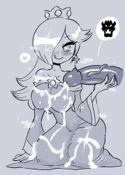 Rule 34 | 1girl, :q, arm support, blue theme, blush, bowser, breasts, bukkake, crown, cum, cum on body, cum on breasts, cum on clothes, cum on upper body, cum string, dress, earrings, grey background, greyscale, hair over one eye, heart, heart-shaped pupils, highres, jewelry, kneeling, large breasts, large penis, long dress, long hair, long sleeves, looking at viewer, mario (series), monochrome, narrow waist, nintendo, off-shoulder dress, off shoulder, one eye covered, out of frame, penis, penis on shoulder, rariatto (ganguri), rosalina, simple background, smile, solo focus, spoken character, spoken heart, star (symbol), star earrings, super mario galaxy, symbol-shaped pupils, tongue, tongue out