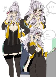 Rule 34 | 1girl, bespectacled, breasts, carmilla (fate), curly hair, fate/grand order, fate (series), fingernails, glasses, izuna nie, large breasts, long fingernails, multiple views, ponytail, sharp fingernails, silver hair, thighhighs, yellow eyes
