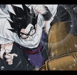Rule 34 | 2boys, battle, black footwear, black hair, black wristband, boots, brown jacket, brown pants, cape, clenched hand, clenched teeth, commentary request, dougi, dragon ball, dragon ball super, dragon ball super super hero, fighting, gamma 1, glasses, jacket, kicking, letterboxed, looking at another, male focus, motion lines, multiple boys, pants, pov, purple pants, purple shirt, rain, red sash, ruto830, sash, serious, shirt, signature, son gohan, spiked hair, teeth, white cape, wristband