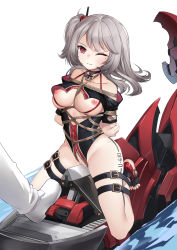 Rule 34 | 1boy, 1girl, absurdres, arms behind back, azur lane, bare shoulders, bdsm, black choker, black swimsuit, bondage, bound, breasts, character name, choker, cleft of venus, commander (azur lane), grey hair, guangmi, highres, iron cross, long hair, looking at viewer, mechanical animal, medium breasts, nipples, one-piece swimsuit, one eye closed, pants, red eyes, restrained, rope, shibari, shibari over clothes, simple background, smile, swimsuit, thigh strap, tied up, u-410 (azur lane), water, white background, white footwear, white pants, wooden horse