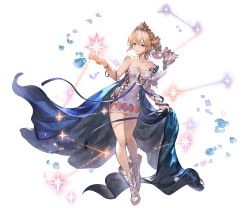Rule 34 | 1girl, blonde hair, blue eyes, boots, breasts, bug, butterfly, cape, cleavage, dress, europa (granblue fantasy), flower, full body, granblue fantasy, hair flower, hair ornament, insect, minaba hideo, official art, short dress, short hair, smile, sparkle, strapless, strapless dress, tiara, transparent background, veil