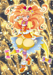 Rule 34 | 1girl, animal ears, ankle boots, bear ears, bloomers, blouse, blue eyes, boots, brooch, cure mofurun, elbow gloves, full body, gloves, hat, highres, jewelry, long hair, looking at viewer, mahou girls precure!, mini hat, mini witch hat, mofurun (mahou girls precure!), nakahira guy, one eye closed, open mouth, orange footwear, orange hair, orange shirt, overskirt, personification, precure, shirt, smile, solo, standing, star (symbol), star in eye, starry background, symbol in eye, underwear, white gloves, witch hat, yellow bloomers, yellow hat