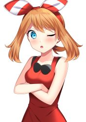 Rule 34 | 1girl, absurdres, blue eyes, blush, brown hair, collarbone, creatures (company), crossed arms, game freak, hair ribbon, hairband, highres, long hair, looking at viewer, may (pokemon), may (pokemon oras), nintendo, one eye closed, open mouth, pokemon, pokemon oras, red hairband, red shirt, ribbon, shirt, simple background, sleeveless, sleeveless shirt, solo, standing, striped ribbon, twintails, upper body, white background, yuihico