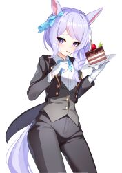 Rule 34 | 1girl, absurdres, animal ears, black jacket, black pants, black vest, blush, braid, braided ponytail, cake, collared shirt, commentary request, cowboy shot, cropped jacket, ear ornament, food, food on face, gloves, highres, holding, holding plate, horse ears, horse girl, horse tail, jacket, long hair, long sleeves, mejiro mcqueen (umamusume), open clothes, open jacket, open mouth, pants, plate, purple eyes, purple hair, shirt, simple background, solo, sunny (20597521), tail, umamusume, vest, white background, white gloves