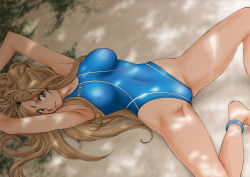 Rule 34 | 1girl, aa megami-sama, anklet, belldandy, blue eyes, blue one-piece swimsuit, breasts, brown hair, competition swimsuit, covered erect nipples, facial mark, forehead mark, highleg, highleg swimsuit, jewelry, joy division, large breasts, long hair, non-web source, one-piece swimsuit, print swimsuit, solo, speedo (company), spread legs, swimsuit