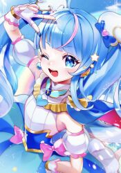 Rule 34 | 1girl, arm up, blue cape, blue dress, blue eyes, blue hair, blue sky, bow, brooch, cape, commentary, cure sky, cut bangs, day, detached sleeves, dress, dress bow, earclip, earrings, fingerless gloves, gloves, gradient hair, hand on own hip, highres, hirogaru sky! precure, jewelry, kumono ame, long hair, looking at viewer, magical girl, multicolored hair, one eye closed, open mouth, outdoors, pink bow, pink hair, precure, puffy detached sleeves, puffy sleeves, red cape, single earring, single sidelock, sky, sleeveless, sleeveless dress, smile, solo, sora harewataru, star (symbol), streaked hair, twintails, two-sided cape, two-sided fabric, two-tone dress, two-tone hair, v, very long hair, white dress, white gloves, wind, wing brooch, wing hair ornament