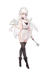 Rule 34 | 1girl, absurdres, apron, azur lane, bad id, bad pixiv id, ban bu bu duou, belfast (azur lane), boots, braid, closed mouth, expressionless, french braid, frilled apron, frills, full body, grey eyes, high heel boots, high heels, highres, holding, holding spatula, holding tray, long hair, looking at viewer, naked apron, silver hair, simple background, solo, spatula, standing, thighhighs, tray, very long hair, walking, white background, white thighhighs