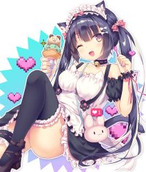Rule 34 | 1girl, alternate costume, animal ears, bag, bare shoulders, bell, black hair, breasts, collar, comiket 96, enmaided, food, frills, heart, highres, ice cream, maid, mintice (asatsukimint), nail polish, one eye closed, original, pouch, solo, thighhighs, twintails