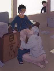 Rule 34 | 3boys, against desk, age difference, ass, bare legs, barefoot, black eyes, blush, caught, cloak, cum, cum in ass, cum in mouth, cumdrip, desk, dual persona, feet, goggles, goggles on head, grabbing another&#039;s hair, hatake kakashi, highres, jacket, kneeling, looking at another, male focus, multiple boys, naruto (series), naruto shippuuden, oral, pants, penis, sandals, scar, scar across eye, scar on face, shirt, short hair, standing, surprised, sweat, sweatdrop, testicles, time paradox, toes, uchiha obito, uw bucciarati, yaoi, aged down