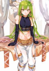 Rule 34 | 1other, androgynous, bare shoulders, enkidu (fate), fate/grand order, fate/strange fake, fate (series), green eyes, green hair, highres, long hair, looking at viewer, navel, nekoyashiki pushio, smile, solo