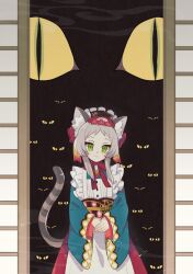 Rule 34 | 1boy, animal ear fluff, animal ears, apron, blue kimono, cat, cat boy, cat ears, cat tail, closed mouth, commentary, crossdressing, green eyes, japanese clothes, kimono, light brown hair, light smile, long sleeves, looking at viewer, maid, maid headdress, original, parted bangs, short hair, shouji, sliding doors, slit pupils, striped tail, symbol-only commentary, tail, wa maid, wide sleeves, yoshiki