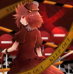 Rule 34 | 1girl, arano oki, blurry, caution tape, depth of field, dress, hair bobbles, hair ornament, hat, kawashiro mitori, keep out, looking at viewer, looking back, no entry sign, puffy short sleeves, puffy sleeves, red dress, red eyes, red hair, road sign, short hair, short sleeves, sign, solo, tile floor, tiles, touhou, twintails, wrist cuffs