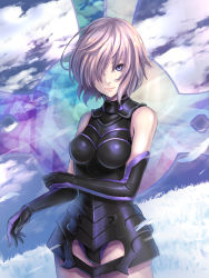 Rule 34 | 1girl, armor, armored leotard, black gloves, black leotard, blue eyes, closed mouth, cowboy shot, elbow gloves, fate/grand order, fate (series), faulds, gloves, hair over one eye, highres, leotard, looking at viewer, mash kyrielight, medium hair, outdoors, re (re 09), silver hair, smile, solo, standing