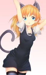 Rule 34 | 1girl, :o, animal ears, arms up, black thighhighs, blonde hair, blue eyes, cat ears, cat tail, dress, extra ears, fang, gradient background, lace, lace-trimmed dress, lace-trimmed legwear, lace-trimmed shirt, lace trim, long hair, original, shirt, simple background, solo, tail, thighhighs, zizi (zz22)