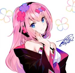 Rule 34 | 1girl, bare shoulders, black sleeves, cherry blossoms, commentary, detached sleeves, flower, fuzichoco, hair flower, hair ornament, hairclip, hand on own cheek, hand on own face, highres, japanese clothes, kimono, long hair, looking at viewer, magical mirai (vocaloid), magical mirai luka, megurine luka, pink hair, signature, smile, solo, upper body, vocaloid, white background, white kimono, wide sleeves, yukata