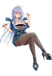 Rule 34 | 1girl, blue eyes, blue suit, breasts, cleavage, crossed legs, fishnet top, fishnets, formal, game cg, gauge, glasses, headlight, high heels, huge breasts, large breasts, looking at viewer, mazda, naughty face, official art, pantyhose, pencil skirt, pointer, side-view mirror, sitting, skirt, skirt suit, smile, solo, strappy heels, suit, syanago collection, usubeni sakurako, wheel, white hair