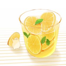 Rule 34 | animal focus, bear, chai (drawingchisanne), commentary request, cup, drink, drinking glass, food, food focus, fruit, full body, garnish, holding, holding food, holding fruit, lemon, lemon slice, lemonade, looking at viewer, mint, no humans, original, polar bear, shadow, shirokuma-san (drawingchisanne), signature, standing, table, undersized animal