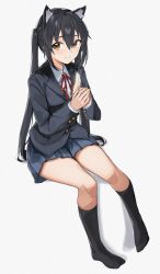 Rule 34 | 1girl, animal ears, black hair, black socks, blue skirt, breasts, brown eyes, buttons, cat ears, closed mouth, commentary request, feathers, full body, hair between eyes, highres, holding, holding feather, jacket, k-on!, kneehighs, layered sleeves, long hair, long sleeves, looking at viewer, miniskirt, nakano azusa, neck ribbon, no shoes, own hands together, pleated skirt, red ribbon, ribbon, sakuragaoka high school uniform, school uniform, shirt, sitting, skirt, smile, socks, solo, tapioka (oekakitapioka), twintails, very long hair, white background, white shirt