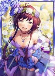 Rule 34 | 1girl, akkijin, armpits, bare shoulders, blue dress, blue flower, blue rose, breasts, card (medium), dress, elf, flower, garden, head wreath, jewelry, looking at viewer, looking up, medium breasts, necklace, official art, open mouth, pointy ears, purple flower, purple rose, red eyes, red hair, rose, rose bush, shinkai no valkyrie, short hair, thighhighs, white flower, white rose