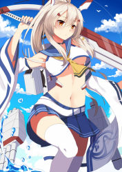 Rule 34 | 1girl, armpits, ayanami (azur lane), azur lane, bare shoulders, belt, black choker, blue sailor collar, blue skirt, blue sky, blush, bouncing breasts, breasts, choker, closed mouth, cloud, commentary request, crop top, crop top overhang, day, detached sleeves, expressionless, hair between eyes, hair ornament, hairclip, high ponytail, holding, holding sword, holding weapon, knee up, long hair, long sleeves, looking at viewer, medium breasts, miniskirt, mush (mushlicious), navel, neckerchief, orange eyes, outdoors, pleated skirt, ponytail, sailor collar, silver hair, skirt, sky, solo, splashing, stomach, sword, thighhighs, torpedo tubes, unaligned breasts, underboob, water, weapon, white thighhighs, wide sleeves, yellow neckerchief