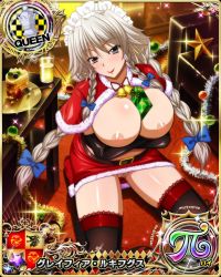 Rule 34 | 1girl, between breasts, breasts, card (medium), christmas, female focus, grayfia lucifuge, grey eyes, grey hair, high school dxd, large breasts, maid headdress, matching hair/eyes, mature female, nipples, official art, solo, thighhighs