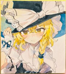Rule 34 | 1girl, :/, blonde hair, blush, bow, braid, closed mouth, flat chest, hair between eyes, hand on headwear, hat, hat bow, highres, jill 07km, kirisame marisa, long hair, looking at viewer, puffy short sleeves, puffy sleeves, short sleeves, side braid, simple background, single braid, solo, touhou, traditional media, upper body, white background, white bow, witch hat, wrist guards, yellow eyes