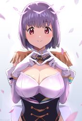 Rule 34 | 1girl, absurdres, blush, breasts, cleavage, closed mouth, collared shirt, commentary request, cowboy shot, detached sleeves, epaulettes, framed breasts, gloves, gridman universe, gridman universe (film), halo, heart, heart hands, highres, large breasts, looking at viewer, off shoulder, partial commentary, purple hair, purple shirt, red eyes, sakamoto (ojiojiojisanda), shinjou akane, shirt, short hair, sidelocks, simple background, sleeveless, sleeveless shirt, smile, solo, spoilers, ssss.gridman, standing, white gloves