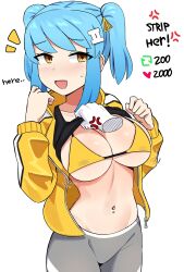 Rule 34 | 1girl, absurdres, anger vein, assisted exposure, bikini, bikini under clothes, black shirt, blue hair, blush, breasts, cleavage, clothes lift, collarbone, covered erect nipples, cowboy shot, crop top, disembodied hand, english text, grey pants, hair ornament, highres, ii (peps art), jacket, large breasts, looking to the side, meme, micro bikini, navel, navel piercing, open mouth, original, pants, peps art, piercing, shirt, shirt lift, short twintails, sideboob, sidelocks, simple background, smile, swept bangs, swimsuit, tight clothes, tight pants, track jacket, twintails, twitter strip game (meme), underboob, undressing another, white background, yellow bikini, yellow eyes, yellow jacket