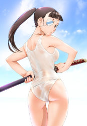 Rule 34 | 1girl, ass, black eyes, black hair, brown eyes, brown hair, cloud, day, eyepatch, fighting stance, from behind, looking back, one-piece swimsuit, ponytail, ready to draw, sakamoto mio, school swimsuit, see-through, sky, solo, strike witches, swimsuit, sword, thigh gap, thighs, translucent, ueyama michirou, weapon, wet, wet clothes, white school swimsuit, white one-piece swimsuit, world witches series