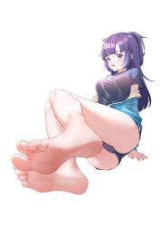 Rule 34 | 1girl, absurdres, barefoot, blue archive, blue eyes, blue hair, chan sang, dark blue hair, feet, highres, long hair, looking at viewer, open mouth, shirt, soles, t-shirt, toes, yuuka (blue archive)