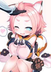 Rule 34 | 2girls, animal ear fluff, animal ears, bangs pinned back, blue eyes, blush, cat ears, cat girl, cat tail, commentary request, detached sleeves, diona (genshin impact), fang, genshin impact, hand on another&#039;s head, hands up, headpat, heart, knees up, long sleeves, lumine (genshin impact), multicolored tail, multiple girls, one eye closed, open mouth, pink hair, puffy sleeves, ribbon, short hair, skin fang, smile, spoken heart, tail, tail ornament, tail ribbon, thick eyebrows, white background, yellow ribbon, yinpa (wanone500511)
