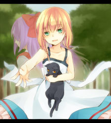Rule 34 | 2girls, animal, bare shoulders, blonde hair, blush, bow, braid, cat, collarbone, day, dress, ellen (majo no ie), fading, green eyes, hair bow, hair ornament, holding, letterboxed, long hair, looking at viewer, majo no ie, multiple girls, open mouth, purple hair, reaching, red bow, ribbon, shiraume (hakubaian), sidelocks, sky, smile, tree, twin braids, viola (majo no ie)