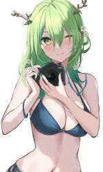 Rule 34 | 1girl, absurdres, alternate costume, antlers, bikini, blue bikini, blush, breasts, camera, ceres fauna, flower, green hair, green nails, hair flower, hair ornament, highres, holding, holding camera, hololive, hololive english, horns, large breasts, mole, mole under eye, navel, one eye closed, simple background, smile, swimsuit, udonpan, upper body, virtual youtuber, white background, yellow eyes