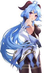 Rule 34 | absurdres, ahoge, ass, back, backless outfit, bare shoulders, bell, black legwear, blue gloves, blue hair, blush, bodystocking, bodysuit, bow, breasts, detached sleeves, from side, ganyu (genshin impact), genshin impact, gloves, gold trim, highres, horns, kuro (be ok), long hair, looking at viewer, low ponytail, medium breasts, parted lips, purple eyes, sideboob, sidelocks, solo, standing, thigh gap, thighlet, waist cape, white background, white sleeves