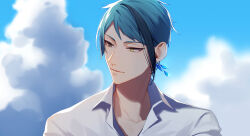 Rule 34 | 13 (bbr584607091), 1boy, aqua hair, black hair, blue sky, brown eyes, cloud, collared shirt, commentary, earrings, heterochromia, highres, jade leech, jewelry, looking to the side, male focus, multicolored hair, outdoors, portrait, shirt, single earring, sky, smile, solo, streaked hair, symbol-only commentary, twisted wonderland, upper body, white shirt, yellow eyes