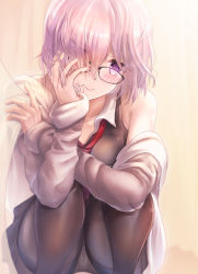 Rule 34 | 1girl, 3:, bare shoulders, beige background, black-framed eyewear, black pantyhose, blurry, blush, breasts, collarbone, crotch seam, curtains, depth of field, eyes visible through hair, fate/grand order, fate (series), hair over one eye, hand in own hair, hand on own cheek, hand on own face, head rest, head tilt, jacket, long sleeves, looking at viewer, mash kyrielight, medium breasts, messy hair, necktie, off shoulder, pakupaku choppu, panties, panties under pantyhose, pantyhose, purple eyes, purple hair, red necktie, short hair, simple background, smile, solo, squatting, thighband pantyhose, transparent, underwear, wavy hair
