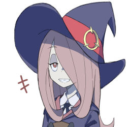 Rule 34 | 10s, 1girl, artist request, brown hair, hair over one eye, hat, little witch academia, long hair, pale skin, red eyes, smile, sucy manbavaran, witch, witch hat