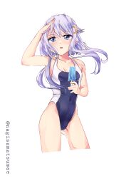 Rule 34 | 1girl, absurdres, blue one-piece swimsuit, contrapposto, covered navel, crescent, crescent hair ornament, cropped legs, food, hair ornament, highres, kantai collection, looking up, nagisamatsumae, one-hour drawing challenge, one-piece swimsuit, popsicle, purple hair, shading eyes, short hair, short hair with long locks, simple background, solo, standing, swimsuit, two-tone swimsuit, white background, yayoi (kancolle)