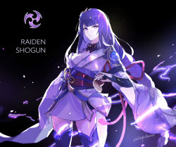 Rule 34 | 1girl, absurdres, armor, black background, braid, breasts, bridal gauntlets, character name, closed mouth, commentary request, crackingtaro, electricity, english text, flower, genshin impact, hair ornament, highres, japanese clothes, kimono, large breasts, long hair, long sleeves, looking at viewer, purple eyes, purple flower, purple hair, raiden shogun, ribbon, sash, shoulder armor, simple background, solo, tassel, thighhighs, wide sleeves