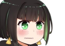 Rule 34 | 1girl, allmind (armored core 6), armored core, armored core 6, black hair, black jacket, blush, chibi, earrings, green eyes, green hair, grey shirt, highres, i.u.y, jacket, jewelry, multicolored hair, parted lips, personification, portrait, shirt, simple background, solo, two-tone hair, white background