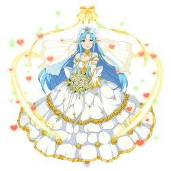 Rule 34 | 1girl, :d, asuna (sao-alo), bell, blue eyes, blue hair, bouquet, bridal veil, dress, elbow gloves, floating hair, flower, full body, gloves, heart, holding, holding bouquet, long hair, looking at viewer, open mouth, pointy ears, simple background, sleeveless, sleeveless dress, smile, solo, sword art online, transparent background, veil, very long hair, wedding dress, white dress, white flower, white gloves, yellow flower