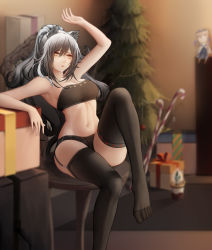 Rule 34 | 1girl, animal ears, arknights, arm up, bandeau, bare arms, bare shoulders, black shorts, black thighhighs, blurry, blurry background, box, breasts, brown eyes, cat ears, ceylon (arknights), chair, character doll, christmas tree, commentary request, feet out of frame, garter straps, gift, gift box, hair between eyes, highres, indoors, long hair, medium breasts, micro shorts, midriff, navel, no shoes, official alternate costume, schwarz (arknights), schwarz (presents) (arknights), shorts, silver hair, sitting, solo, stomach, strapless, thighhighs, thighs, tube top, zhi wozi