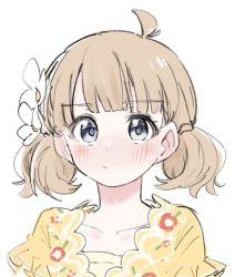 Rule 34 | ahoge, blue eyes, blush, brown hair, collarbone, dress, floral print, flower, frilled dress, frills, hair flower, hair ornament, highres, idolmaster, idolmaster million live!, idolmaster million live! theater days, looking at viewer, meeeeeeco359, short hair, short twintails, solo, suou momoko, twintails, upper body, white background, yellow dress